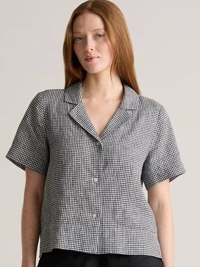 Quince Linen Gingham Check Set Shirt Shorts Black Size S/M